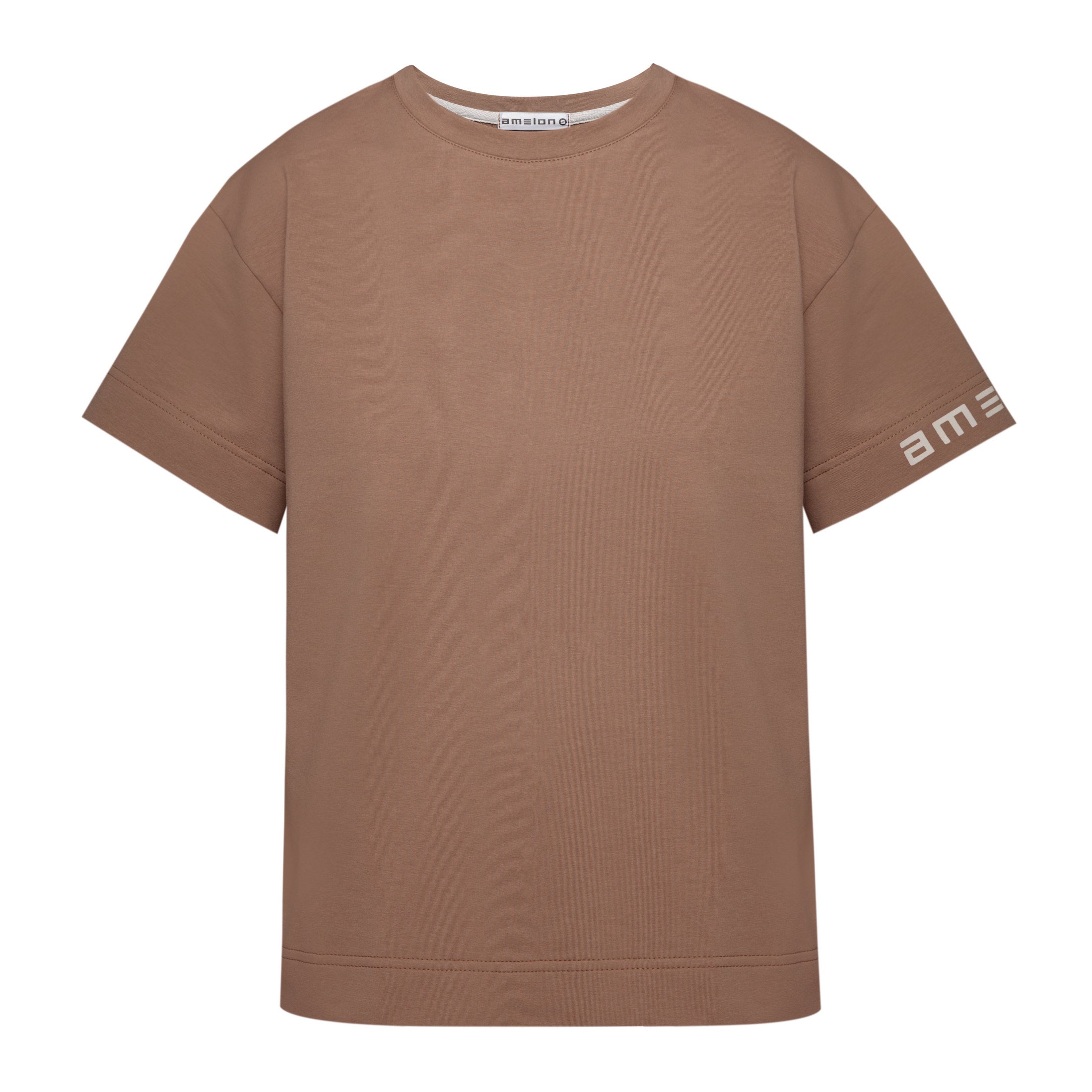 Straight women's T-shirt in beige color, logo on the sleeve