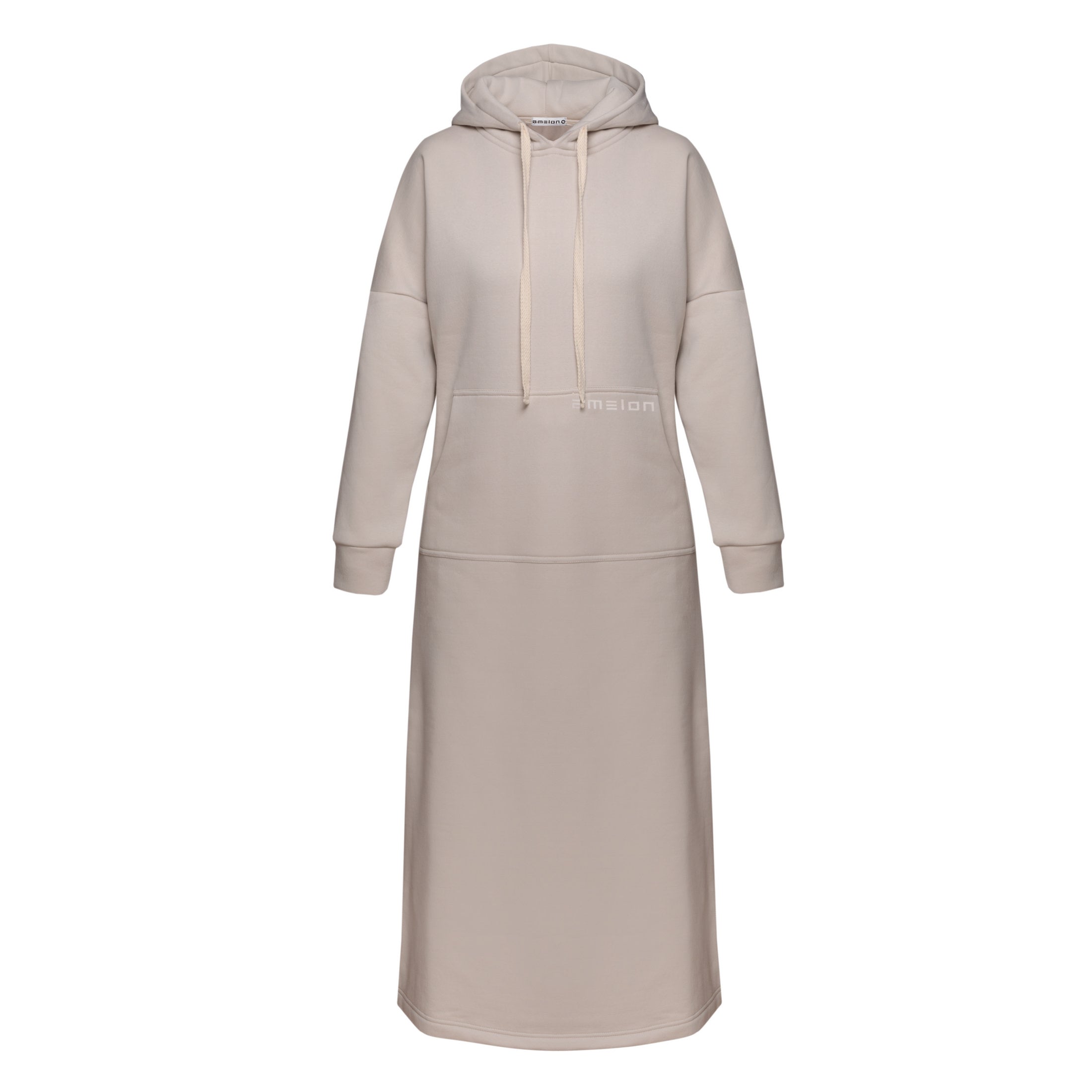 Long straight warm hooded dress in milk color with slits, and a kangaroo pocket