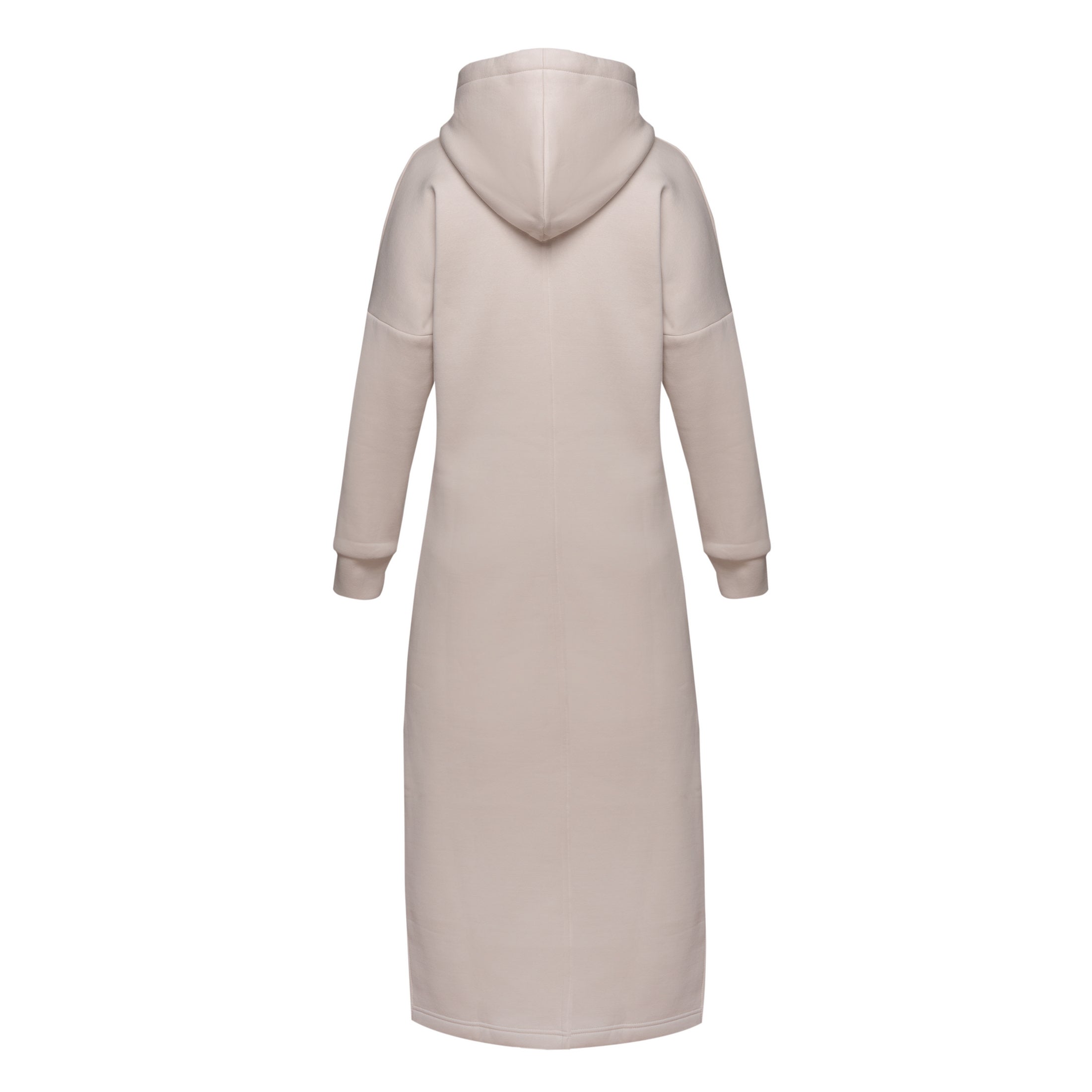 Long straight warm hooded dress in milk color with slits, and a kangaroo pocket