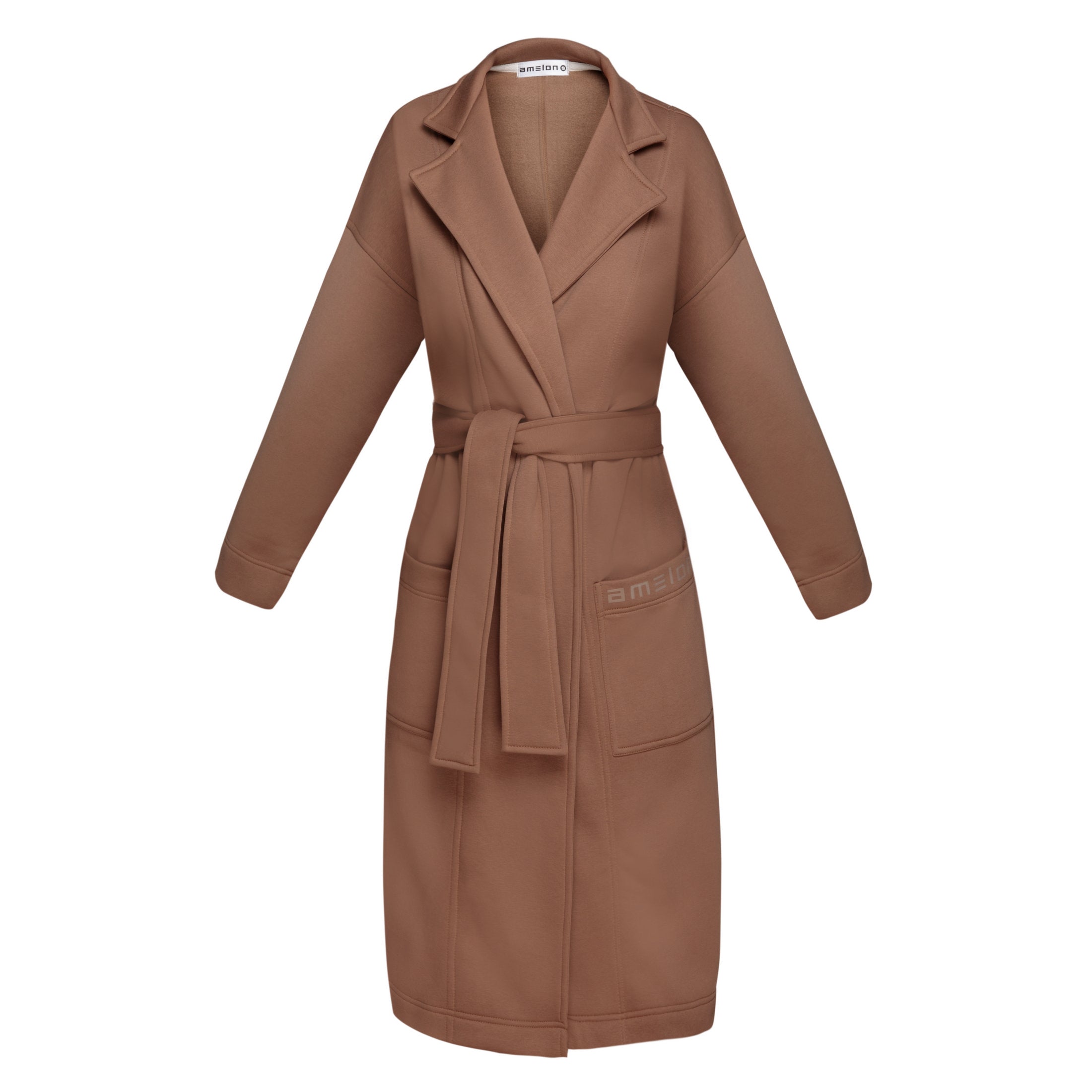 Long cotton coat-cardigan in beige color with a wrap belt and pockets