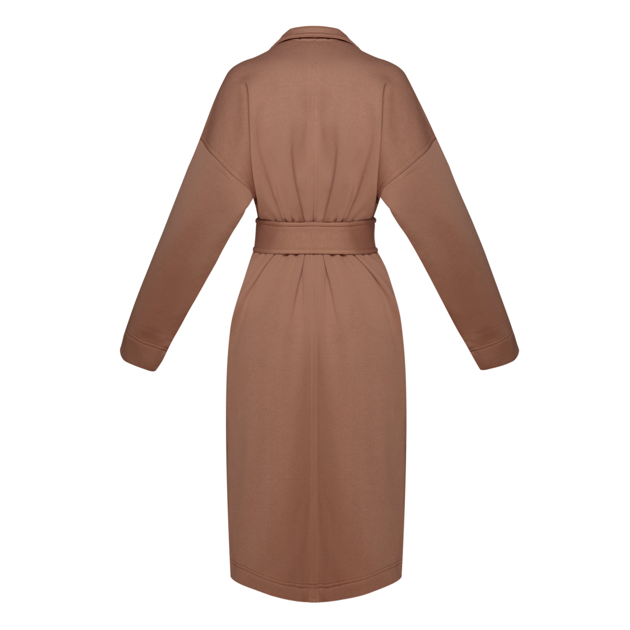 Long cotton coat-cardigan in beige color with a wrap belt and pockets