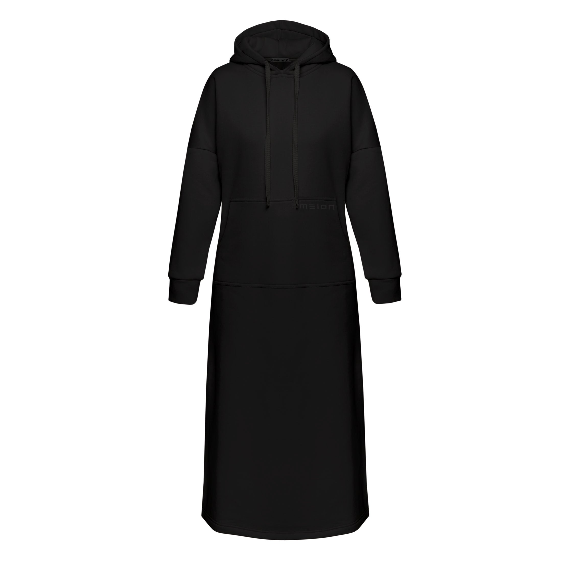 Long straight warm hooded dress in black color with slits, and a kangaroo pocket