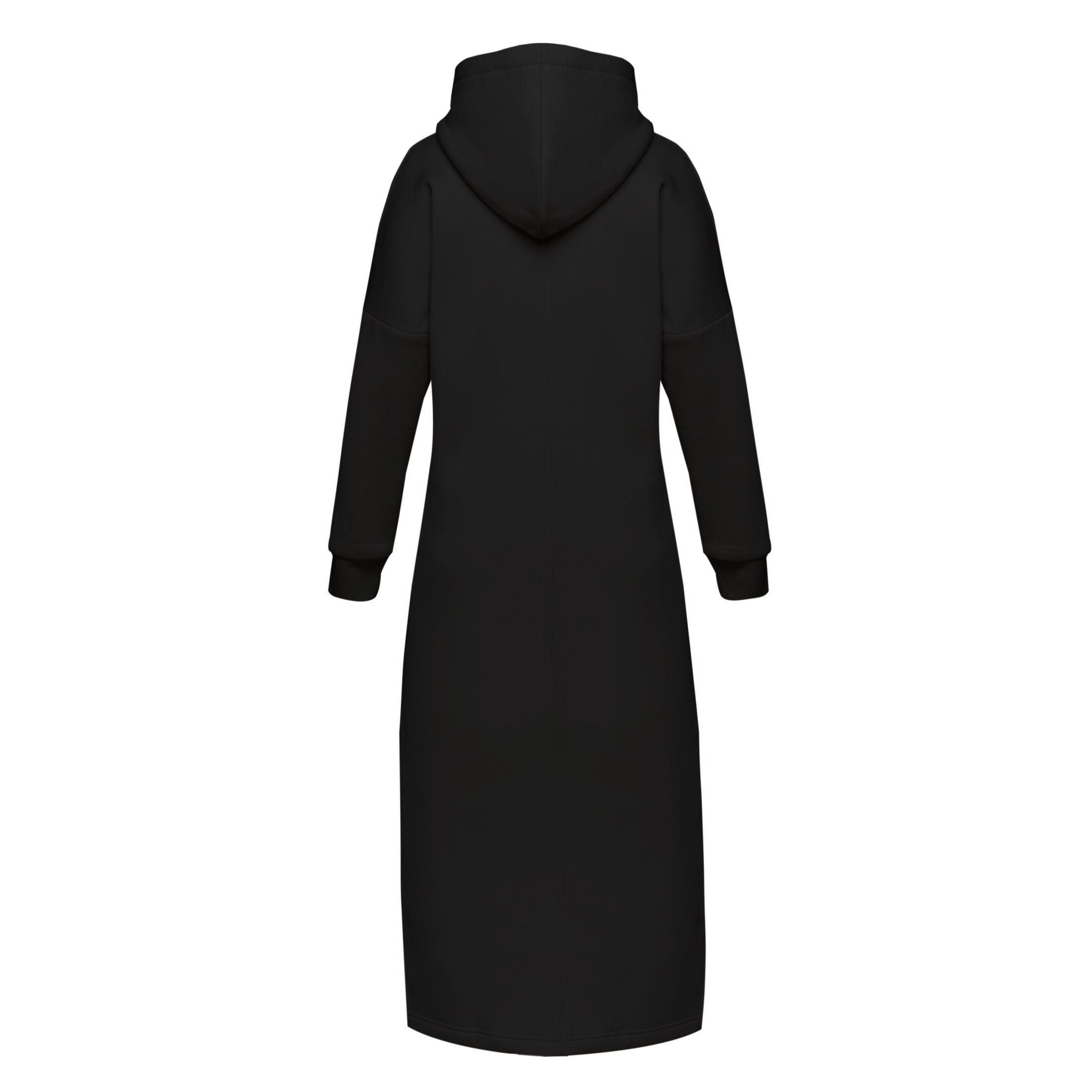 Long straight warm hooded dress in black color with slits, and a kangaroo pocket