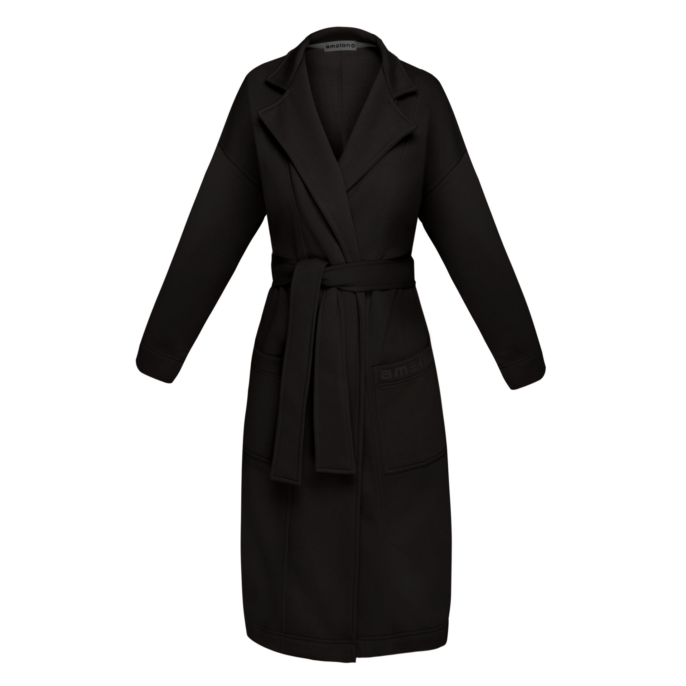 Long cotton coat-cardigan in black color with a wrap belt and pockets