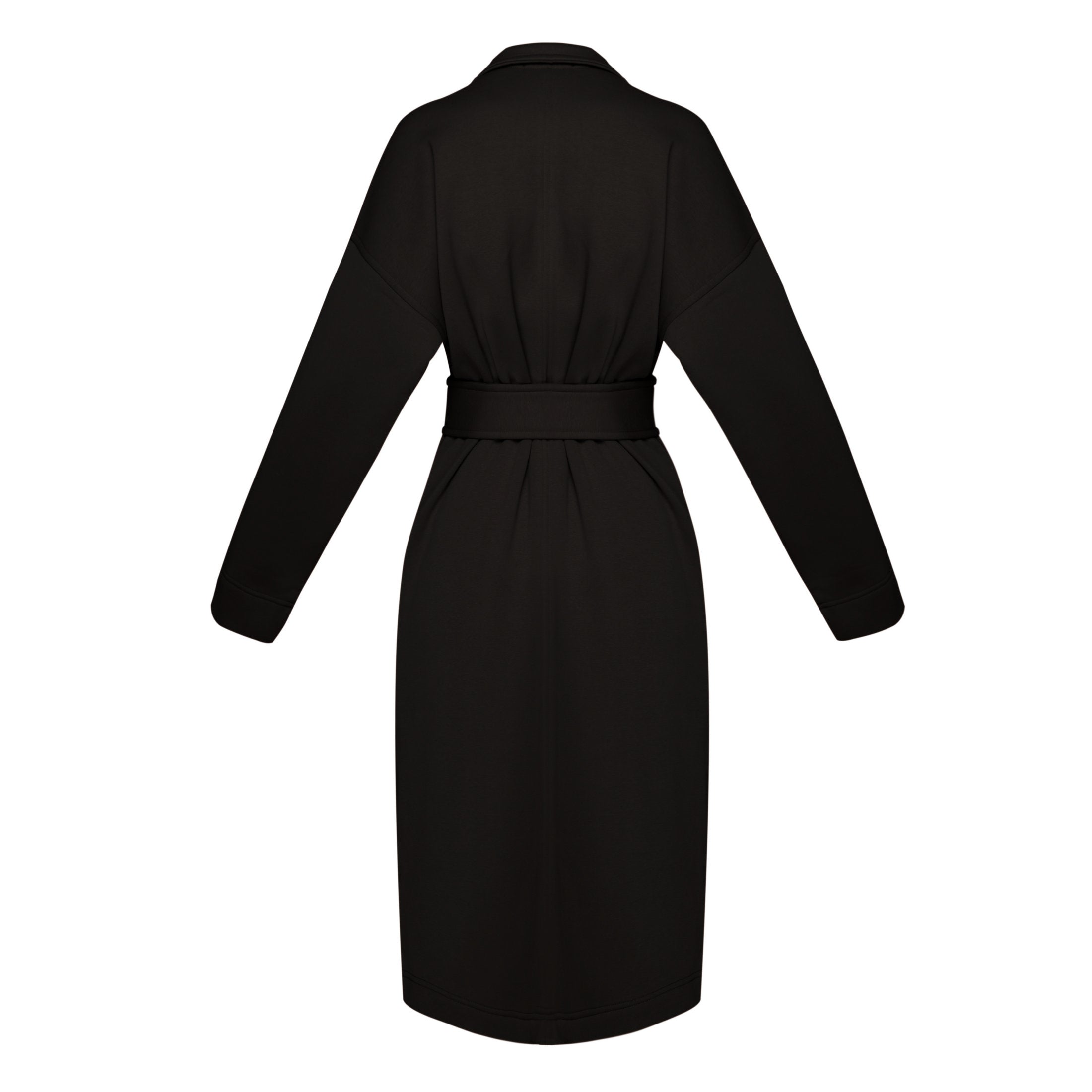 Long cotton coat-cardigan in black color with a wrap belt and pockets