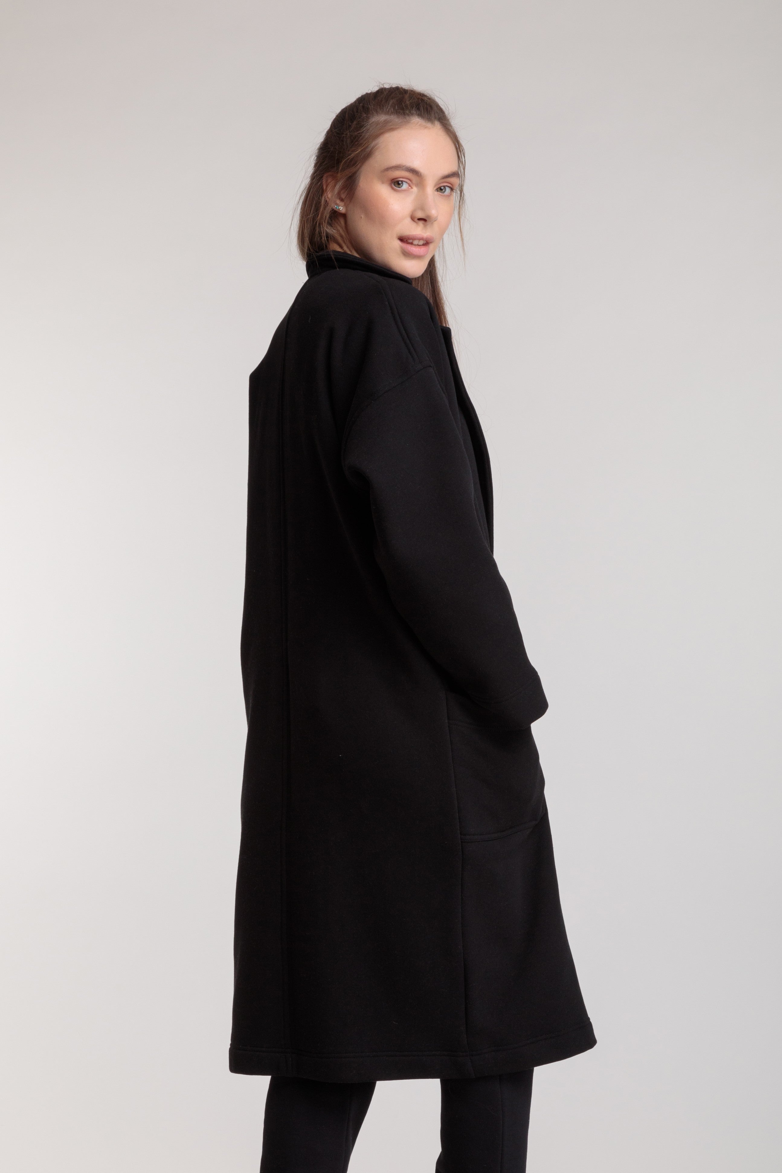 Long cotton coat-cardigan in black color with a wrap belt and pockets