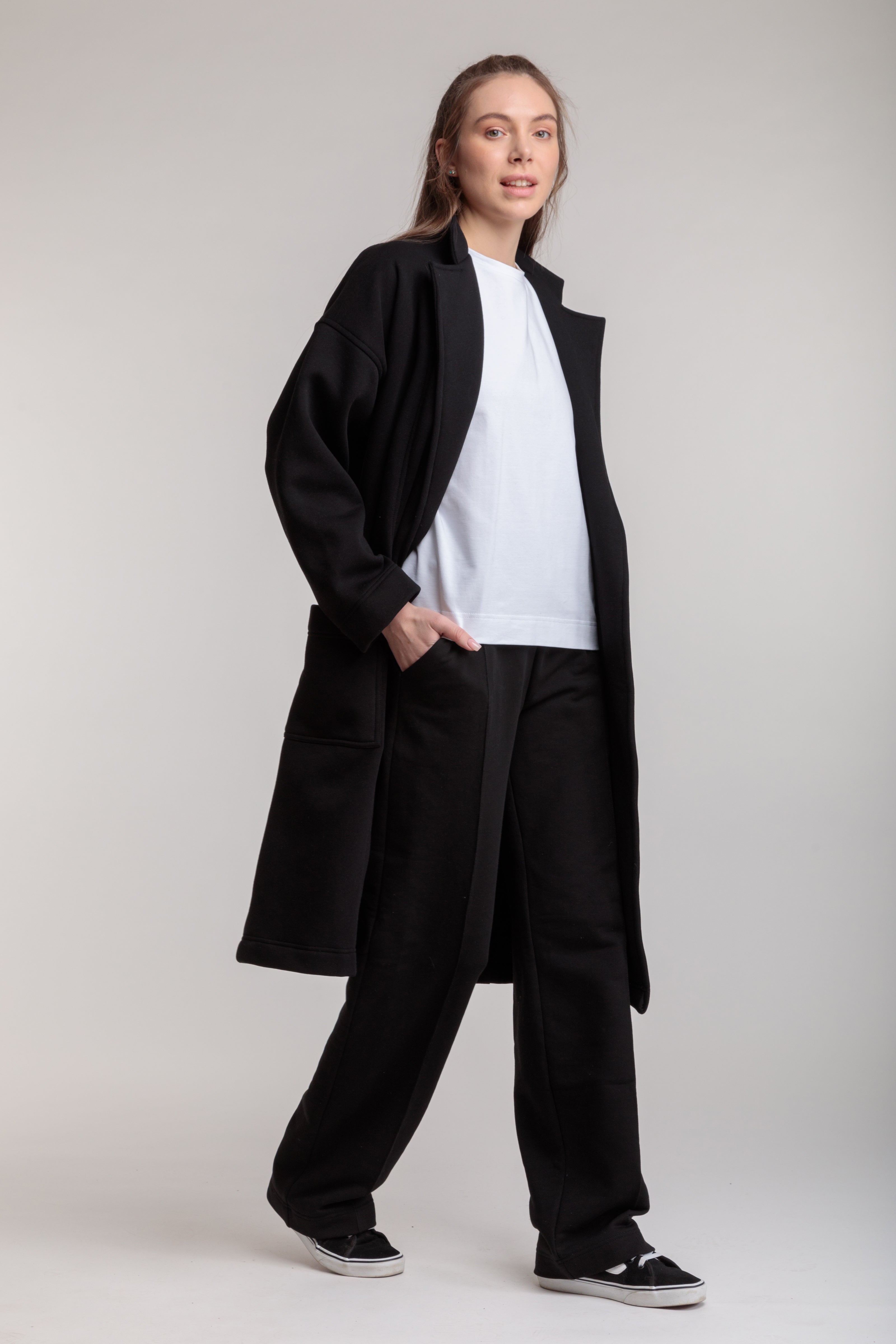 Long cotton cardigan-coat in black color with a wrap belt and pockets