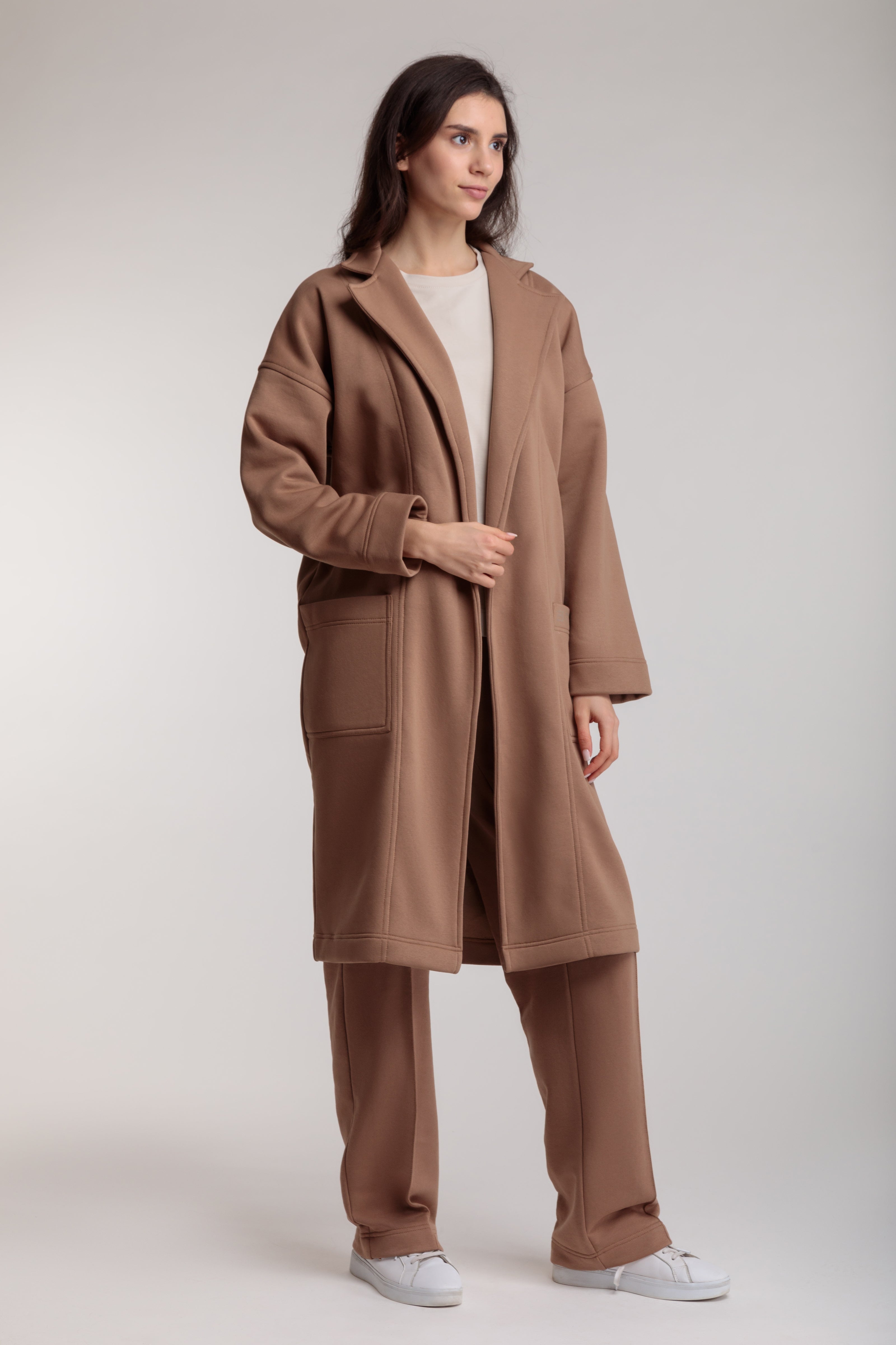 Long cotton cardigan-coat in beige color with a wrap belt and pockets