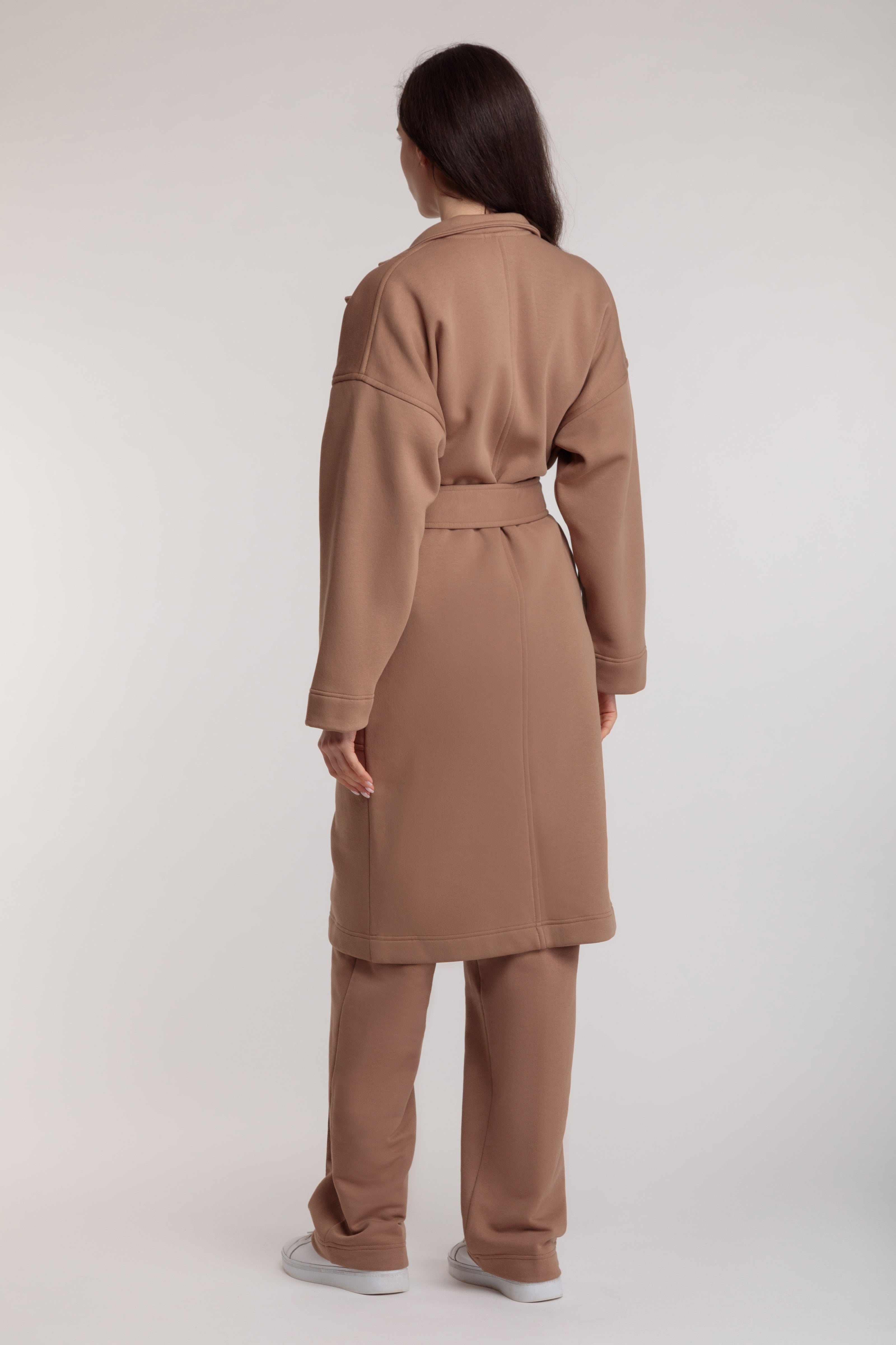 Long cotton cardigan-coat in beige color with a wrap belt and pockets