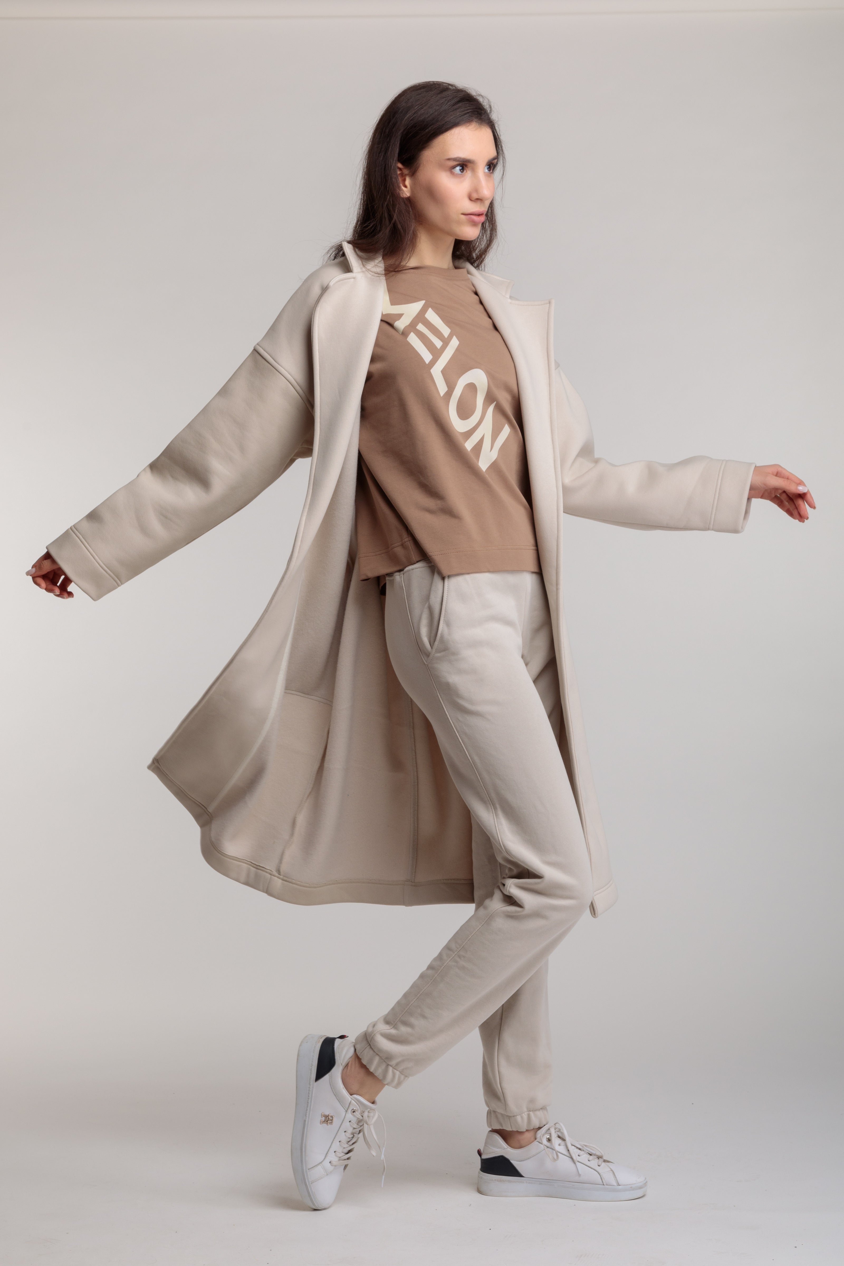 Long cotton cardigan-coat in milky color with a wrap belt and pockets