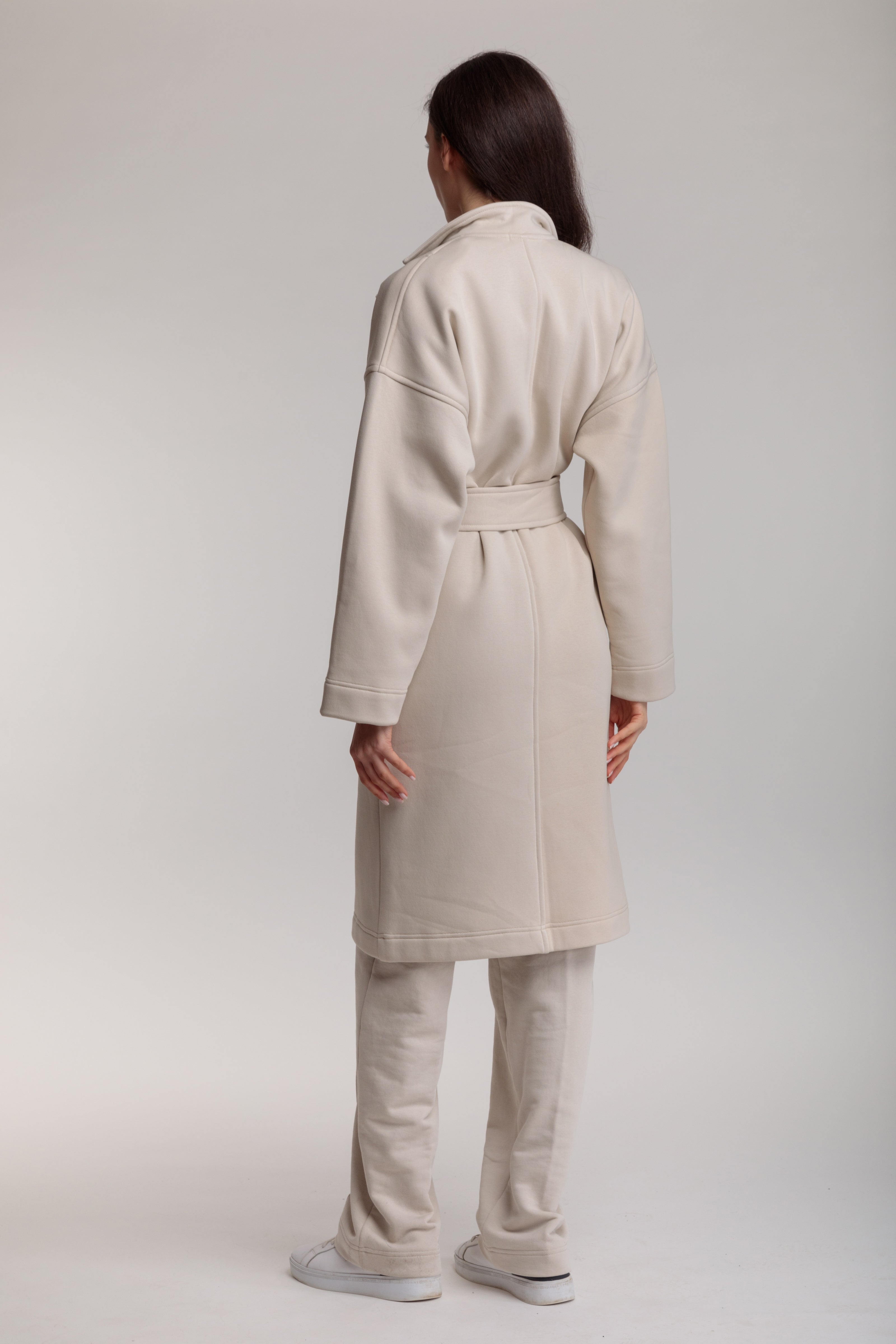 Long cotton coat-cardigan in milky color with a wrap belt and pockets