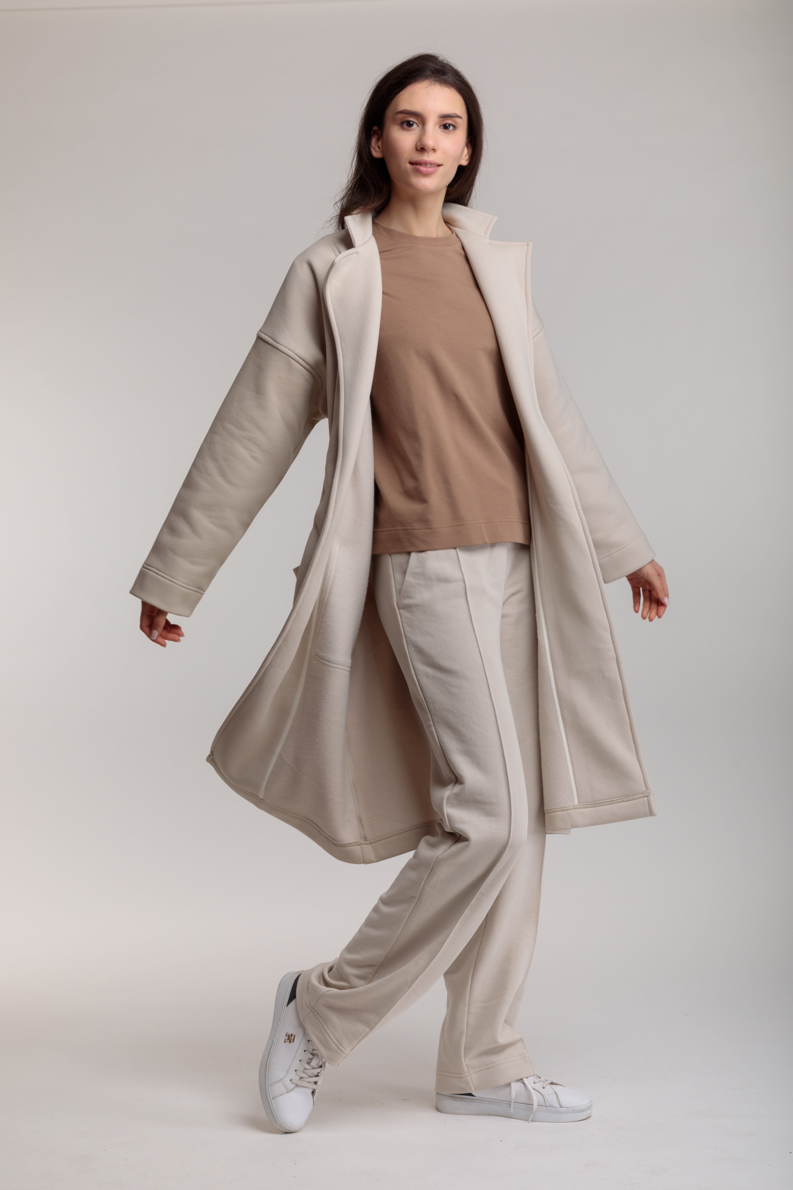 Long cotton coat-cardigan in milky color with a wrap belt and pockets